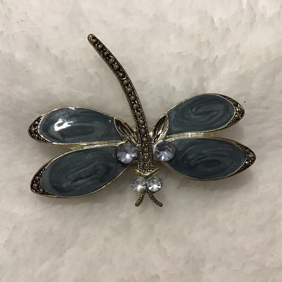 Dragonfly Blue Enamel Brooch Rhinestones - Picture 2 of 4